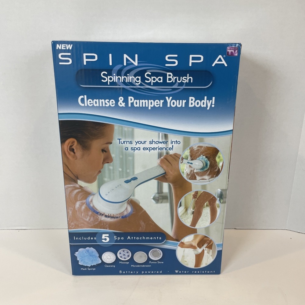 Spin Spa Spinning Spa Brush White Blue Body Brush 5 Attachments NEW